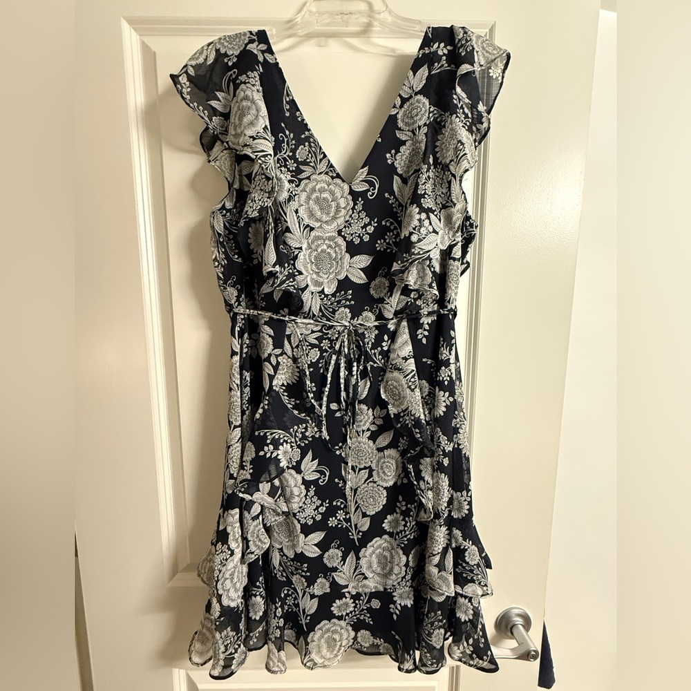 Tommy Hilfiger Floral Navy and White Ruffle Sleeveless Dress, Sz 14